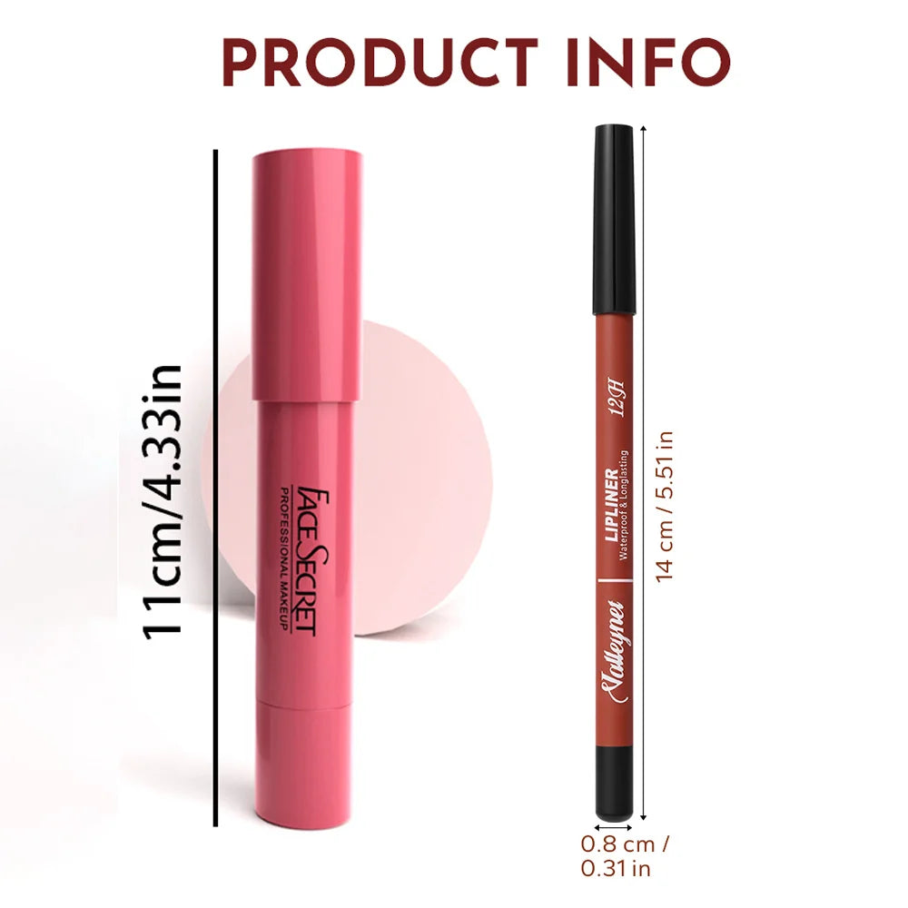 Set 2 Pièces – Crayon à Lèvres et Rouge à Lèvres Mat Velours, Longue Tenue, Maquillage des Lèvres, Idéal Tutoriel