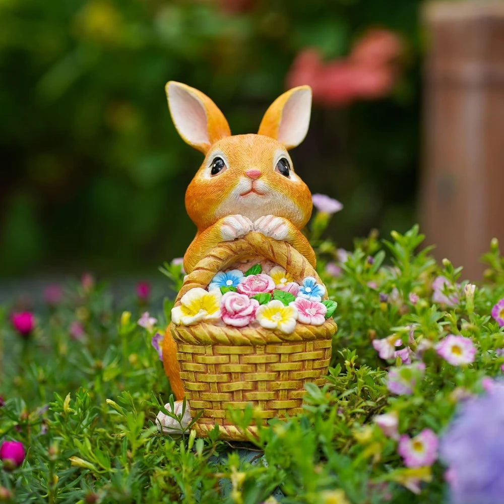 Solar Rabbit Garden Statue with LED Light – Bunny & Flower Outdoor Décor