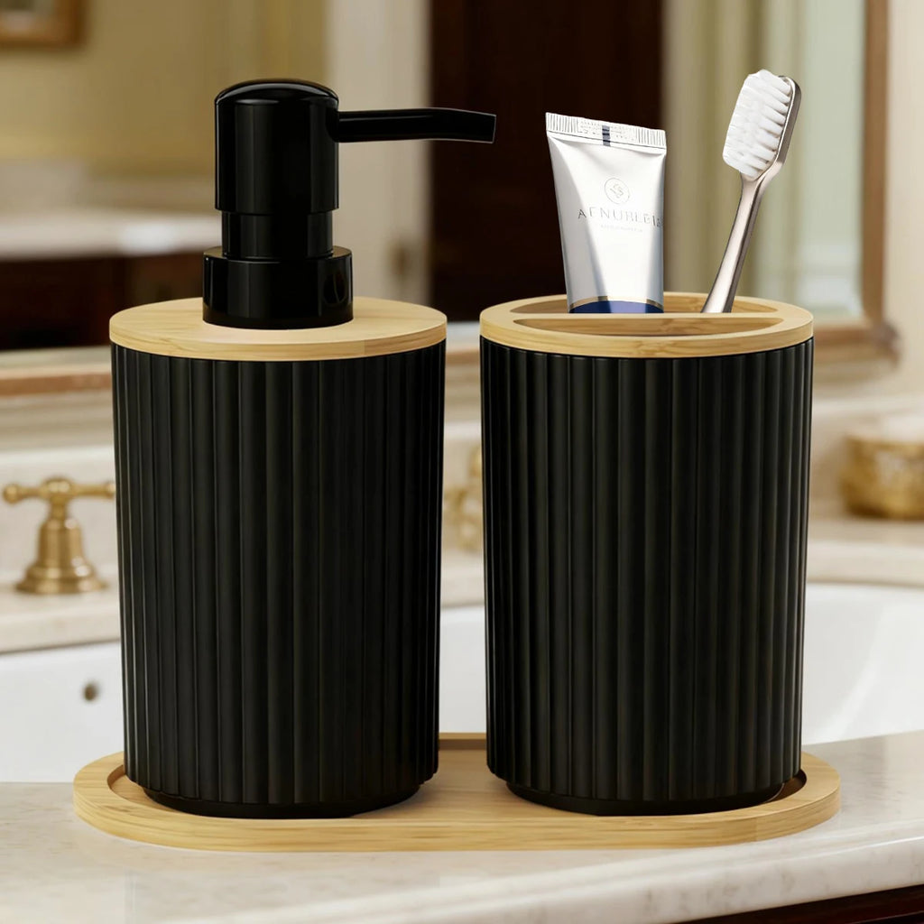 2PCS Black Bathroom Accessories Set – Soap Dispenser & Toothbrush Cup