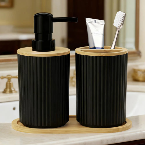 2PCS Black Bathroom Accessories Set – Soap Dispenser & Toothbrush Cup
