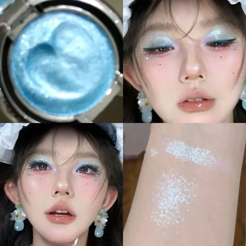 Palette de fards à paupières monochromes nacrés polarisés illuminateurs Crème illuminatrice à paillettes métalliques Fard à paupières bleu crème