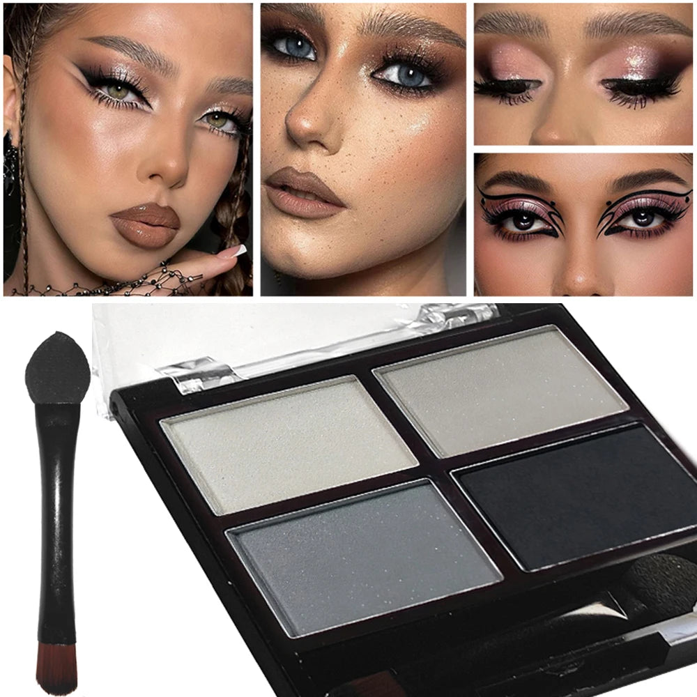 Palette fards à paupières 4 couleurs – Gris et noir smoky, mat et nacré, base illuminatrice avec applicateur