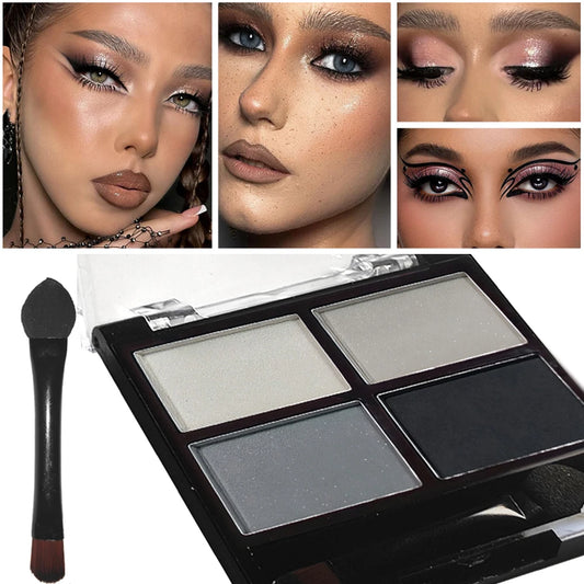 Palette fards à paupières 4 couleurs – Gris et noir smoky, mat et nacré, base illuminatrice avec applicateur