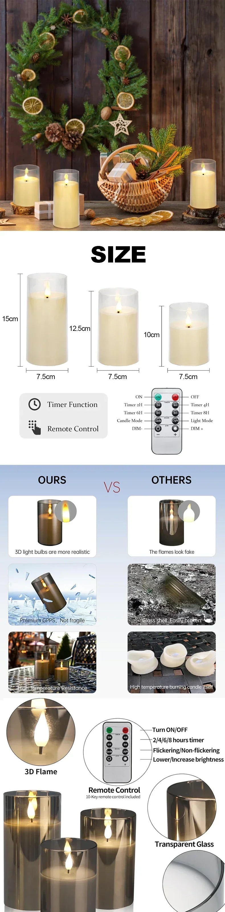 LED Flameless Candles with Remote & Timer – Flickering Acrylic Glass Candle Lights