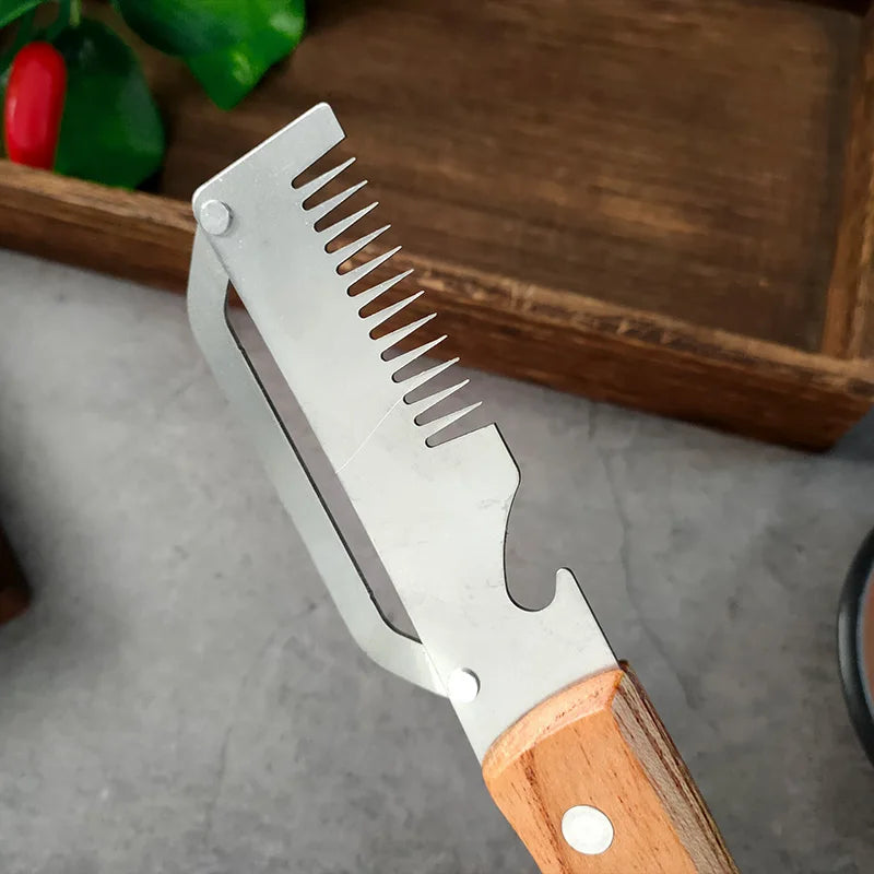 3-in-1 Stainless Steel Vegetable Peeler with Wooden Handle – Fruit & Potato Peeler with Built-In Bottle Opener