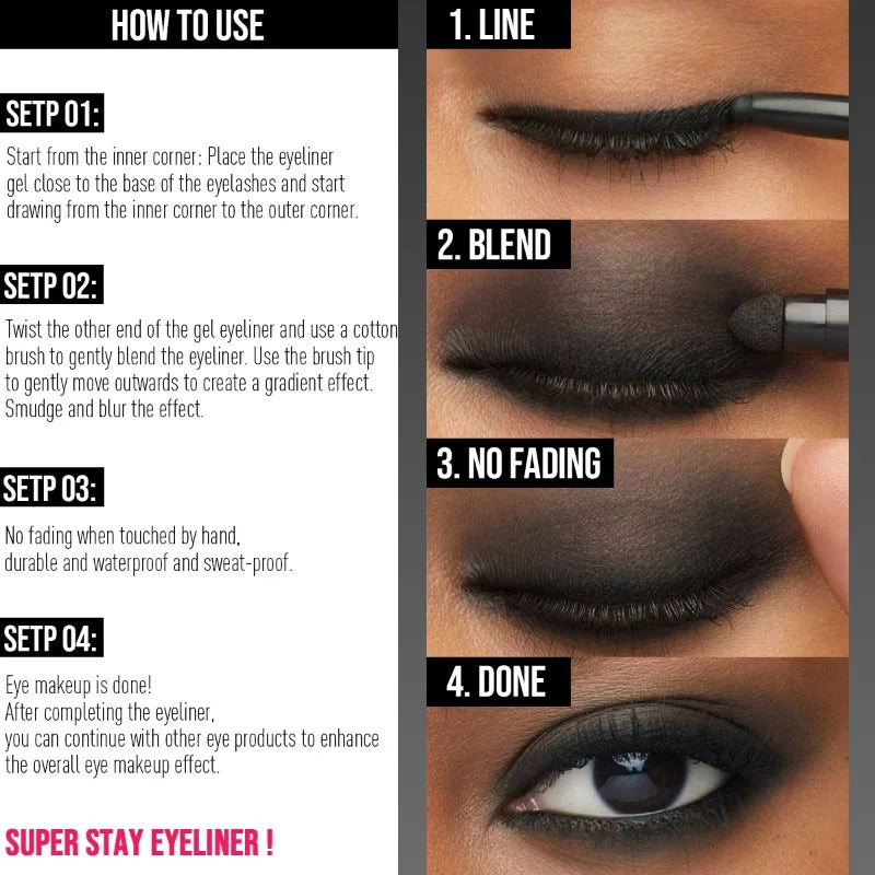 Crayon gel eyeliner double embout noir – waterproof, longue tenue, facile à appliquer, tête en coton douce, glisse lisse