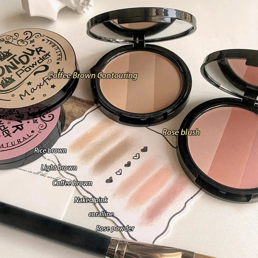 Palette de Contouring Trois Couleurs — Délicate, Waterproof, Longue Tenue, Non Décolorante, Palette Intégrée Ombre à Paupières et Blush