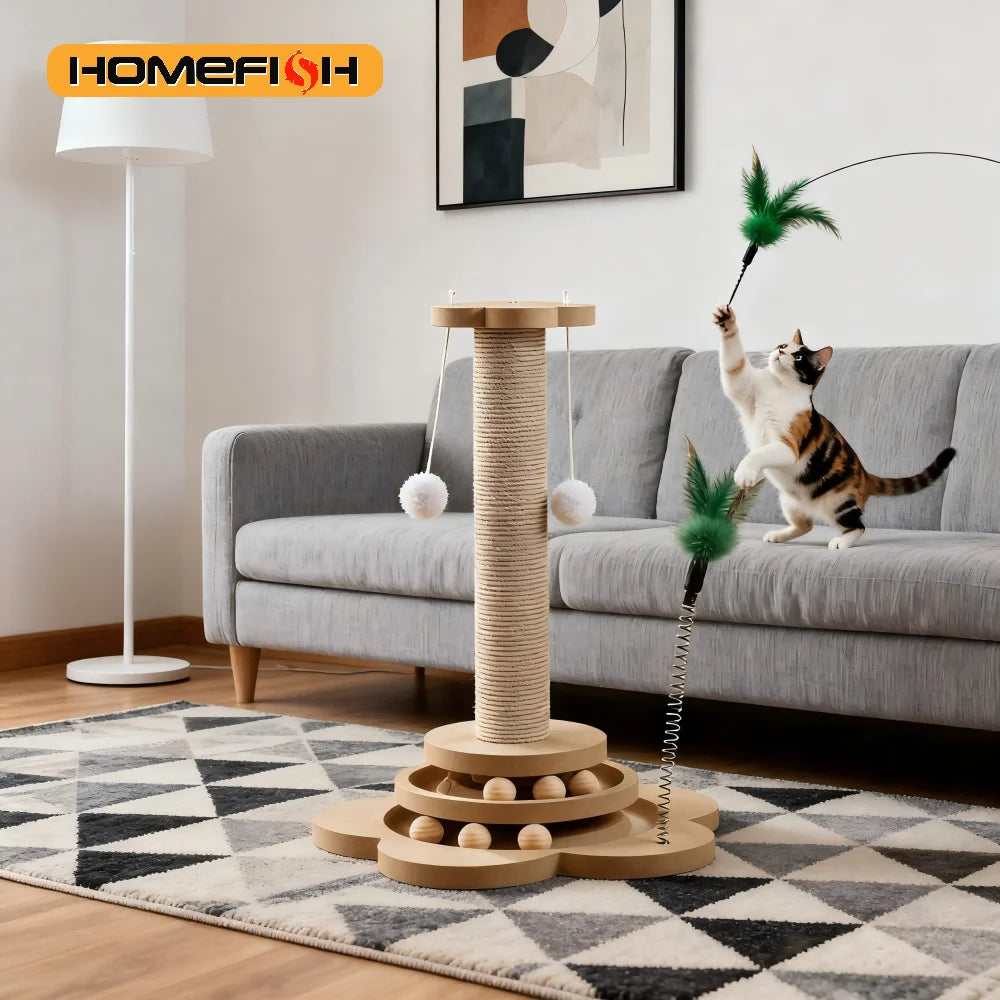Wooden Interactive Cat Toy – Turntable with Sisal Scratcher & Rolling Balls