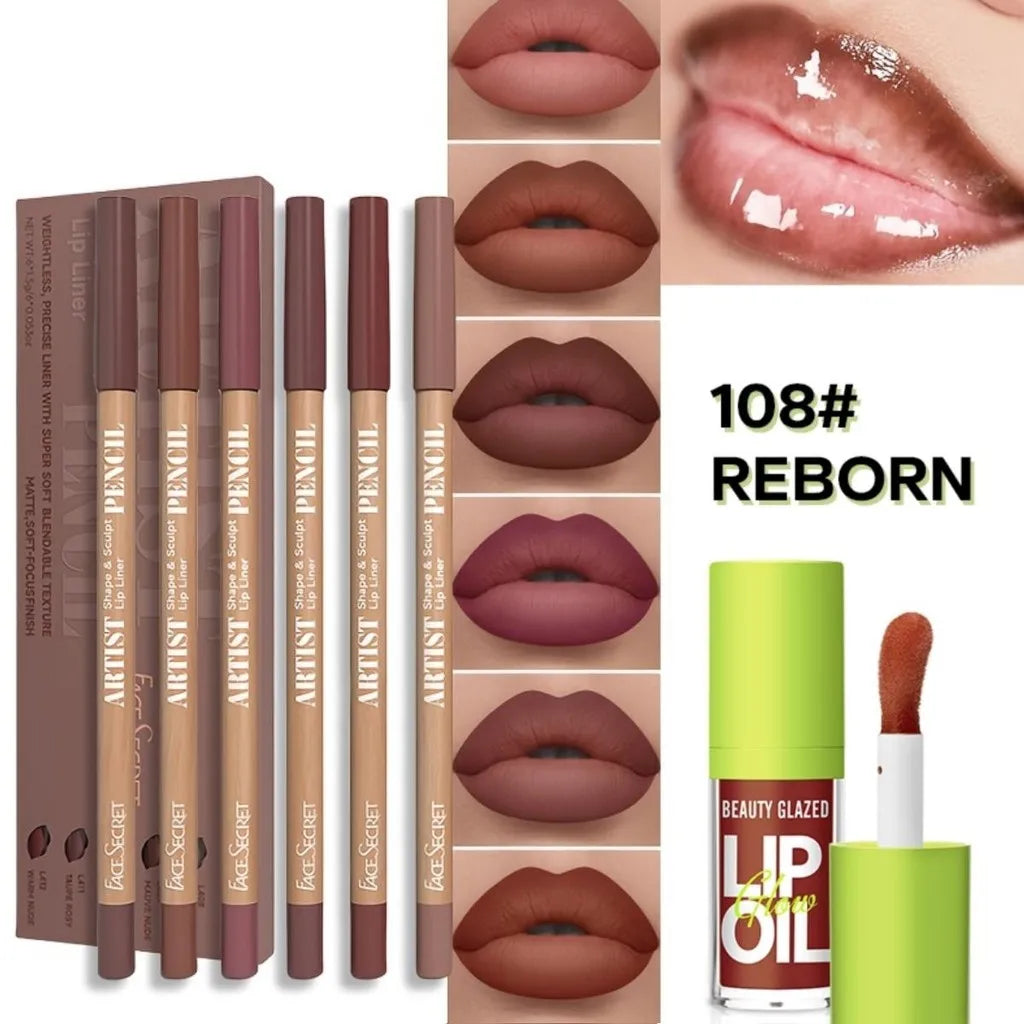 Set 6 Pièces – Crayons à Lèvres Mat Waterproof + Huile/Lip Essence, Effet Repulpant, Teinte et Soin des Lèvres, Gloss