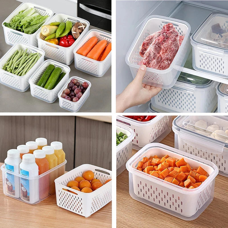 Fruit Storage Containers For Fridge With Removable Colander, Airtight Food Storage Container, Dishwasher Safe Produce Saver