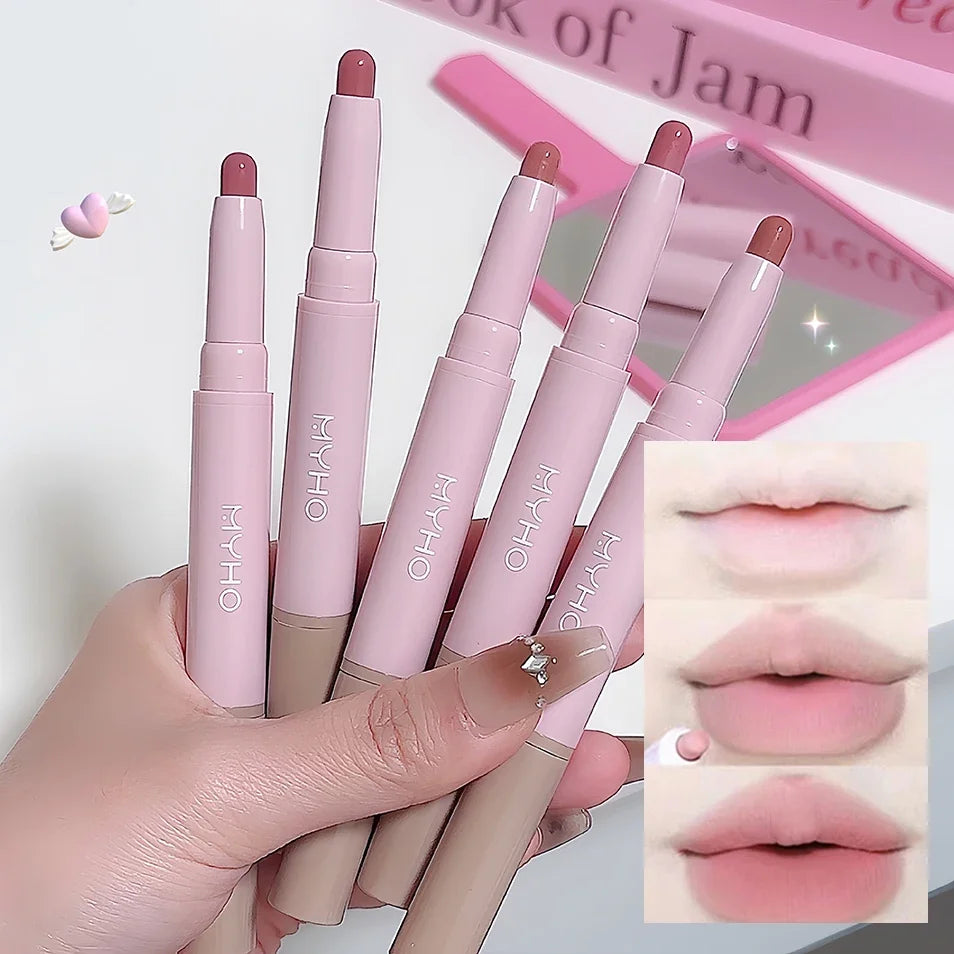 Crayon à Lèvres Double-Embout Mat – Waterproof, Velours, Nude et Rose, Rouge Sexy et Marron, Pigments Intenses, Longue Tenue