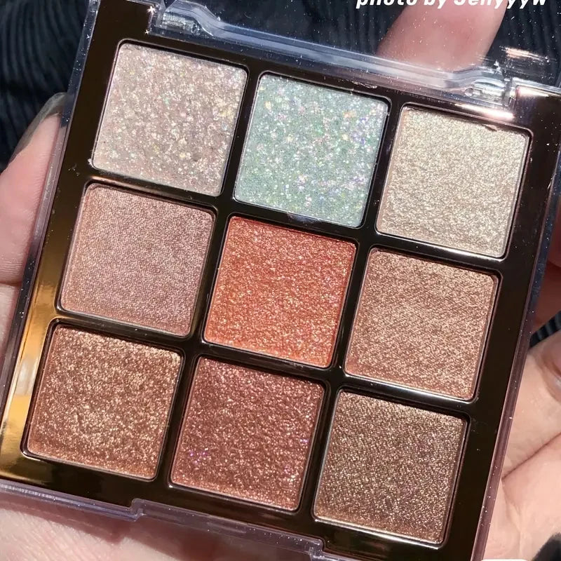 Palette fards à paupières 9 couleurs, paillettes, tons rose et or, finis métalliques, mats et scintillants, haute pigmentation, longue tenue, facile à estomper