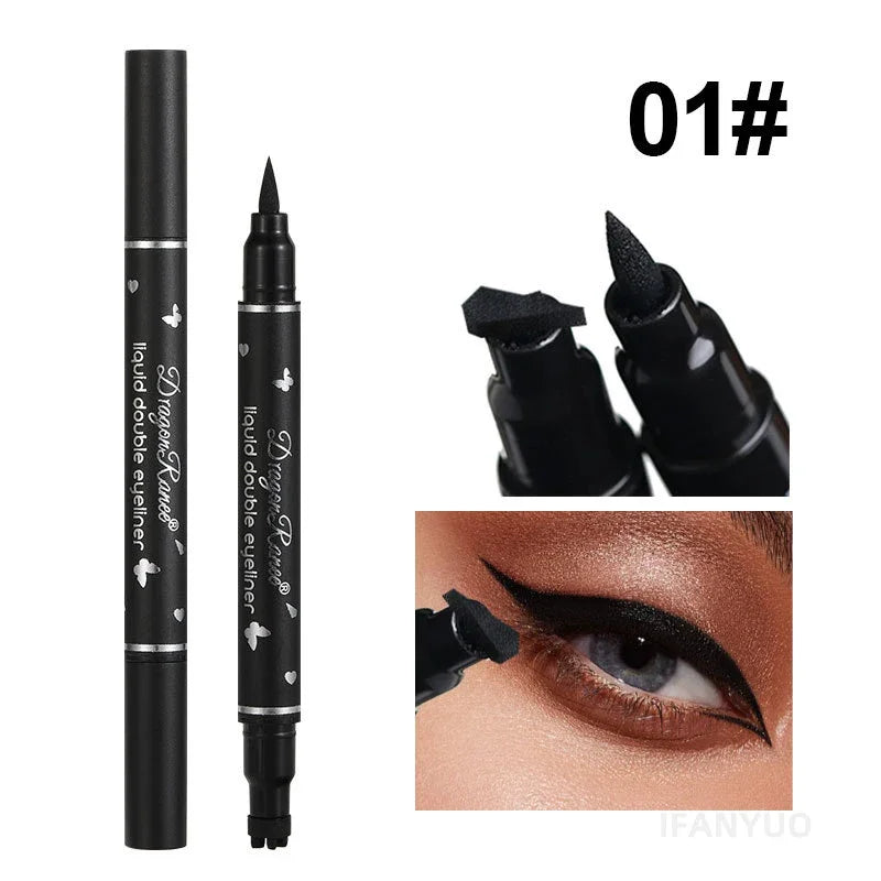 Stylo Eyeliner Noir avec Tampon – Double Embout, Étoile, Longue Tenue, Étanche, Crayon Yeux, Tampon Ailé, Maquillage des Yeux, Cosmétiques