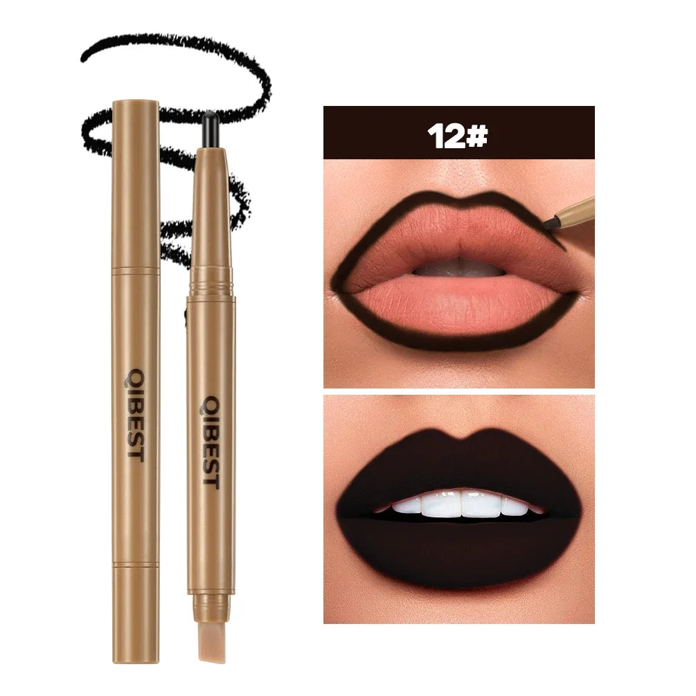 Crayon à Lèvres Double-Embout & Pinceau 2-en-1 – Mat, Contour et Teinte, Longue Tenue, Nude et Noir, Maquillage des Lèvres