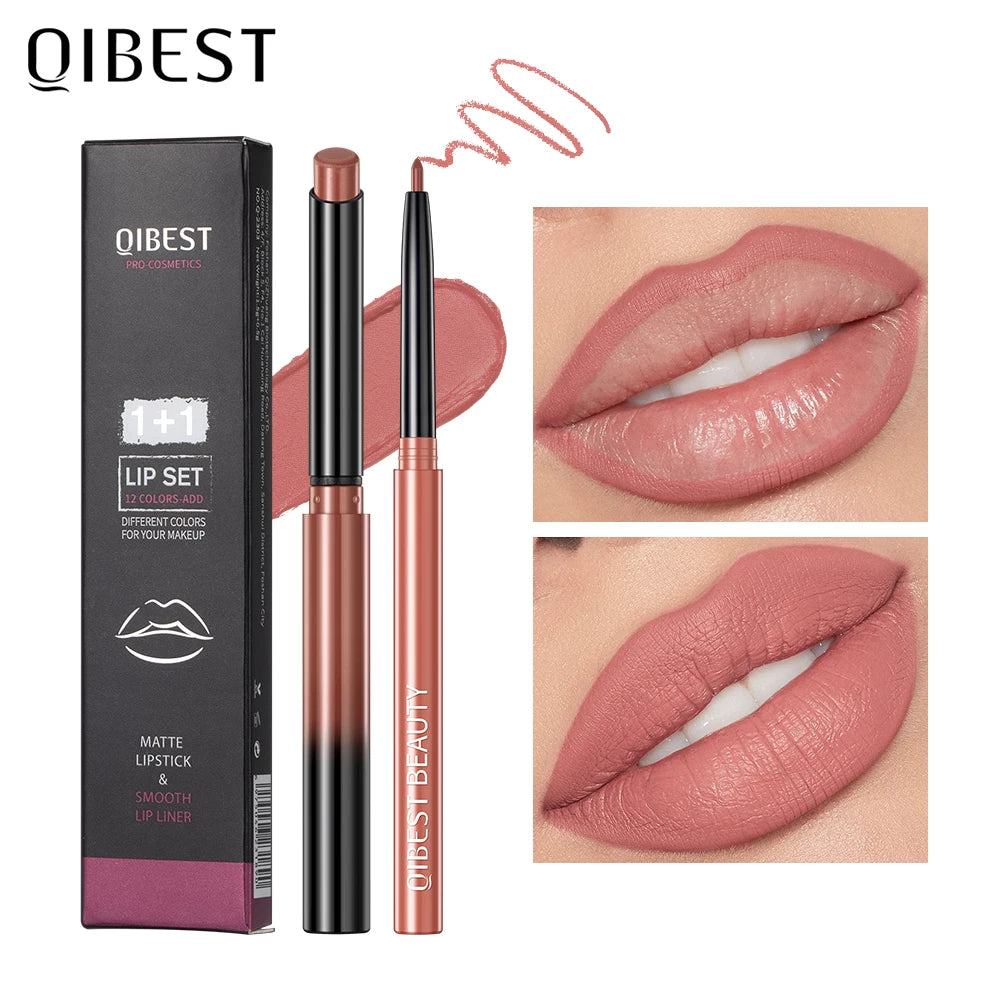 Set  2 pièces crayon rouge à lèvres et contour mat nude waterproof longue tenue maquillage lèvres femme