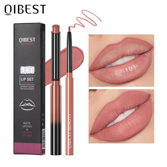 Set  2 pièces crayon rouge à lèvres et contour mat nude waterproof longue tenue maquillage lèvres femme