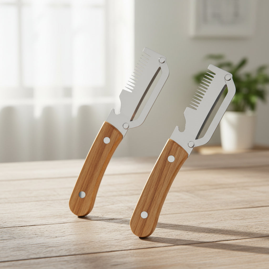 3-in-1 Stainless Steel Vegetable Peeler with Wooden Handle – Fruit & Potato Peeler with Built-In Bottle Opener