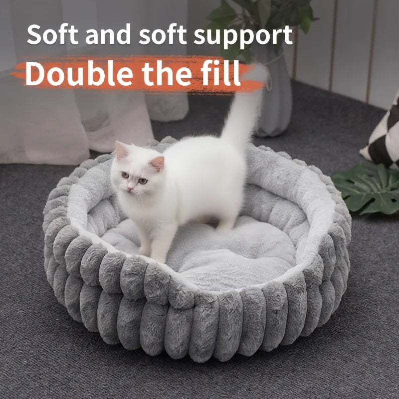 Round Plush Pet Bed – Fluffy Calming Donut Bed for Cats & Small Dogs