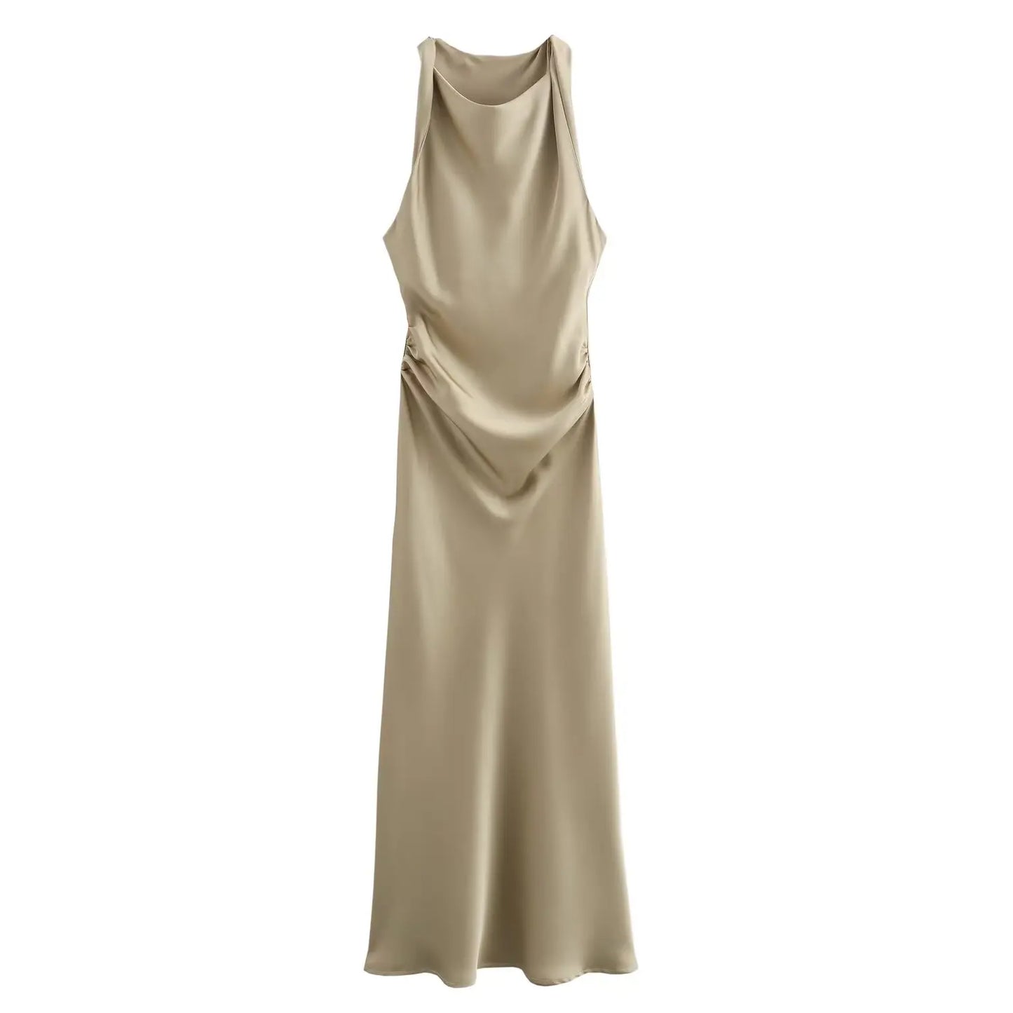 Robe Longue Femme Satin Froncée – Sans Manches, Été, Décolleté Épaule Dénudée