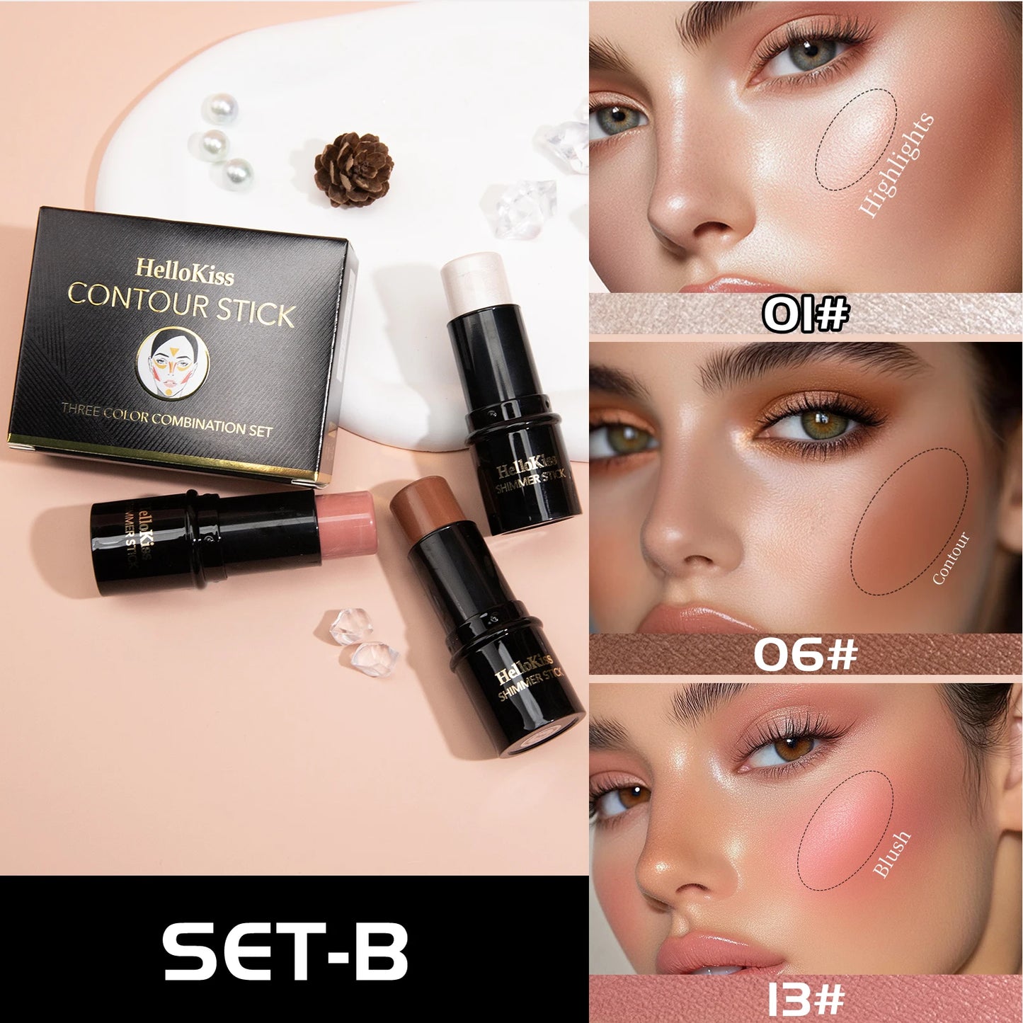 Set de 3 Correcteurs en Stick— Résistant à l’Eau, Contrôle du Sébum, Crème Multifonction pour Highlighter, Contour et Blush