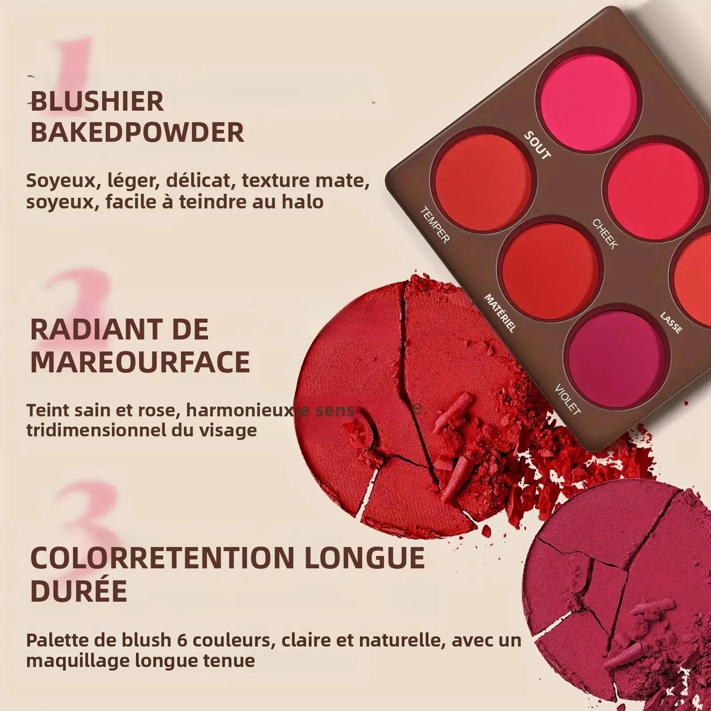 Palette de blush 6 couleurs – Tons naturels, palette d’ombres à paupières et blush mat – Légère et respirante, adaptée pour joues et yeux