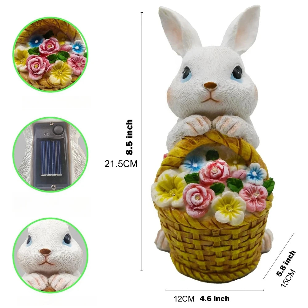 Solar Rabbit Garden Statue with LED Light – Bunny & Flower Outdoor Décor