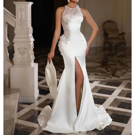 Robe de soirée sirène élégante, sans manches, col haut, paillettes, dentelle, Satin, Appliques, fente Sexy, robe de bal perlée, personnalisée