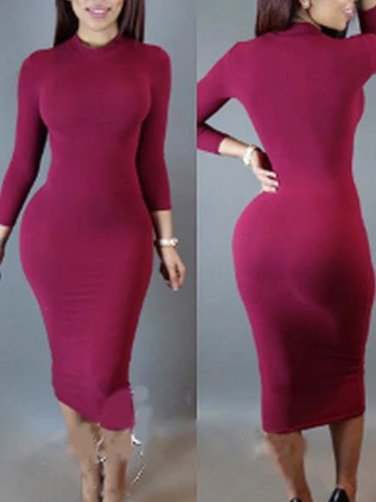 Robe Sexy Unie Élastique Slim Bodycon Femme à Manches Longues Cintrée à la Taille