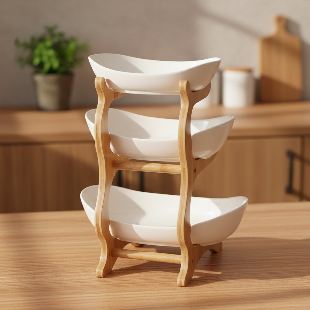 3-Tier Wooden Fruit & Vegetable Basket with Wooden Legs – Kitchen Storage Organizer