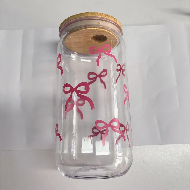 500ml Cute Bow Glass Tumbler with Lid & Straw – Mason Jar Style Cup for Iced Coffee, Juice & Smoothies