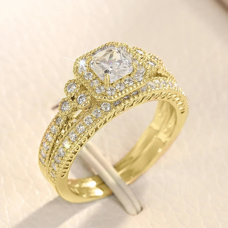 Huitan mode 2 pièces ensemble de bagues pour femmes Double couche empilable bijoux de mode à la mode cubique zircone pierre doigt accessoires