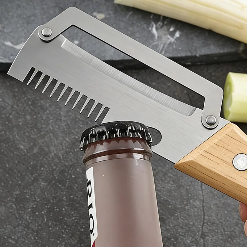 3-in-1 Stainless Steel Vegetable Peeler with Wooden Handle – Fruit & Potato Peeler with Built-In Bottle Opener