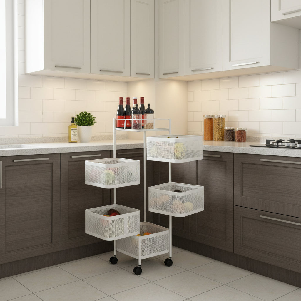 5-Tier Rotating Storage Rack with Wheels – Rolling Kitchen Organizer Basket Shelf