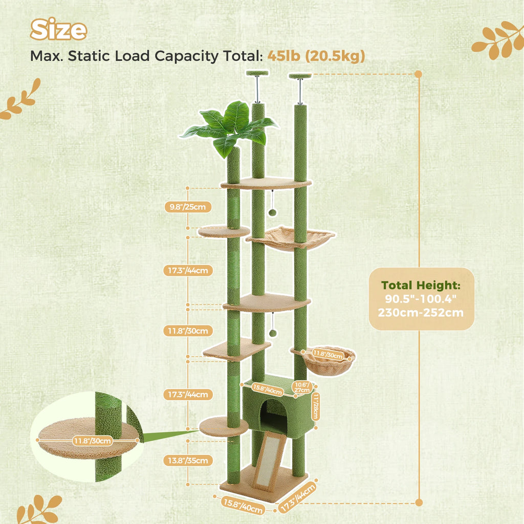 Floor-to-Ceiling Adjustable Wooden Cat Tree – Cat Tower with Hammock & Condo