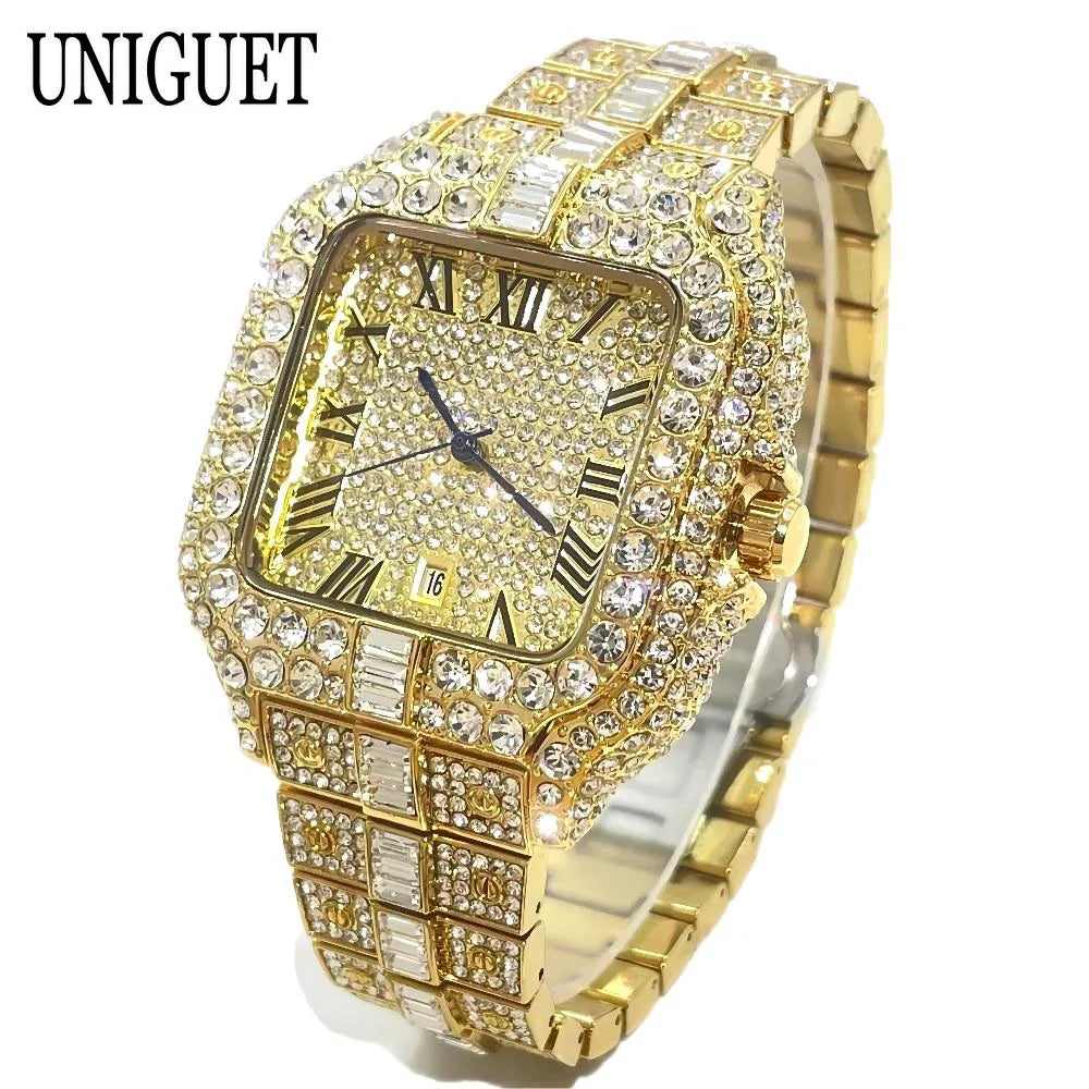 Mode chaude glacé montres hommes marque de luxe MISSFOX carré montres à Quartz Unique Hip Hop plein diamant montre-bracelet homme cadeaux
