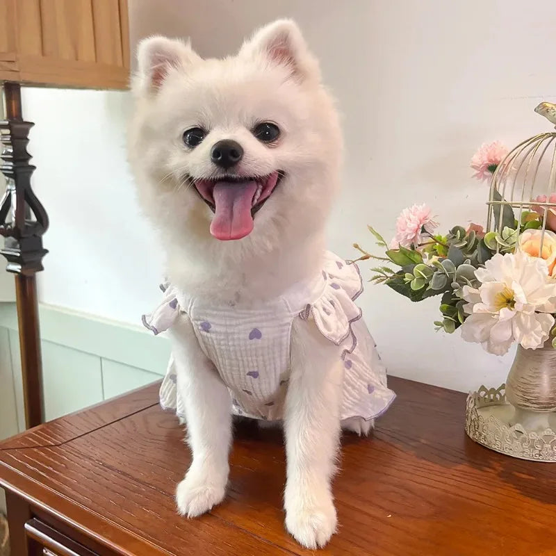 Heart Print Dog Dress with Bow – Cute Summer Princess Outfit for Small Dogs & Cats