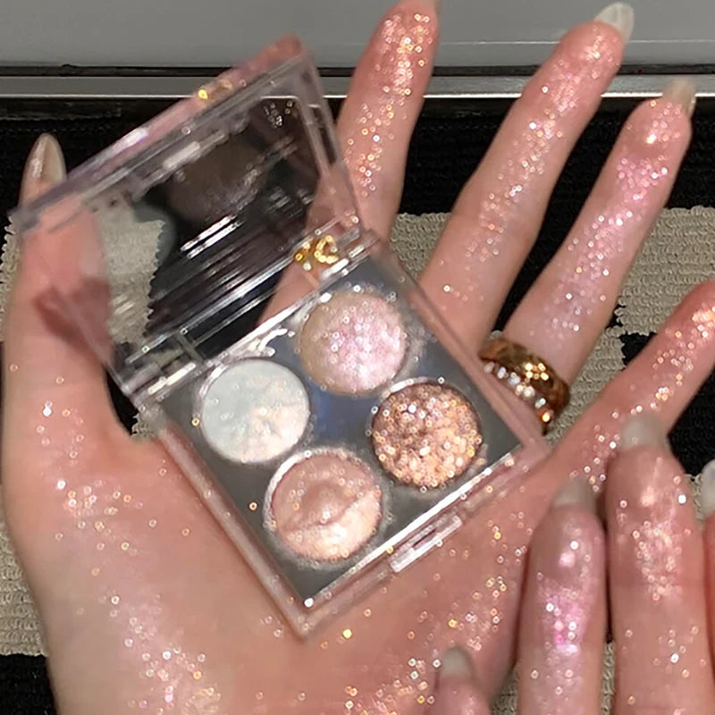 Palette fards à paupières Planet 4 couleurs, paillettes diamant, violet aurora métallique, poudre cuite scintillante, illuminateur yeux