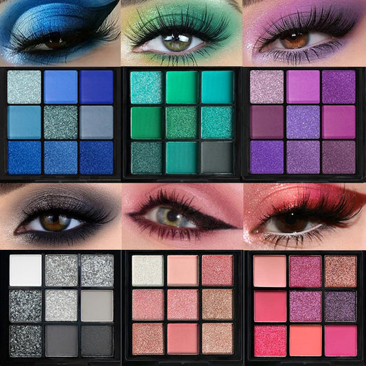 **« Palette fards à paupières 9 cases – Rouge et violet, pailleté, nacré et mat, longue tenue »**