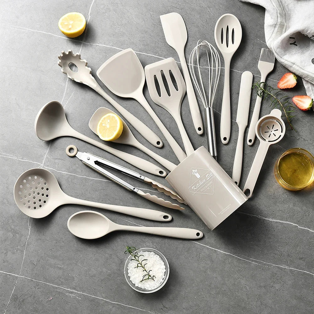 15-Piece Khaki Silicone Kitchen Utensil Set – Food-Grade Cooking Tools with Spatulas, Turner & Soup Spoon
