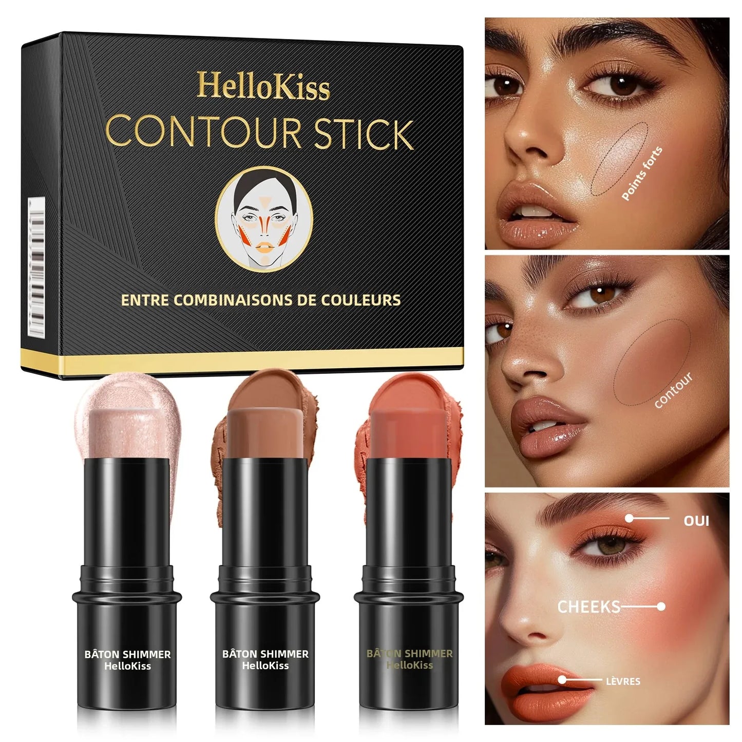 Set de 3 Correcteurs en Stick— Résistant à l’Eau, Contrôle du Sébum, Crème Multifonction pour Highlighter, Contour et Blush