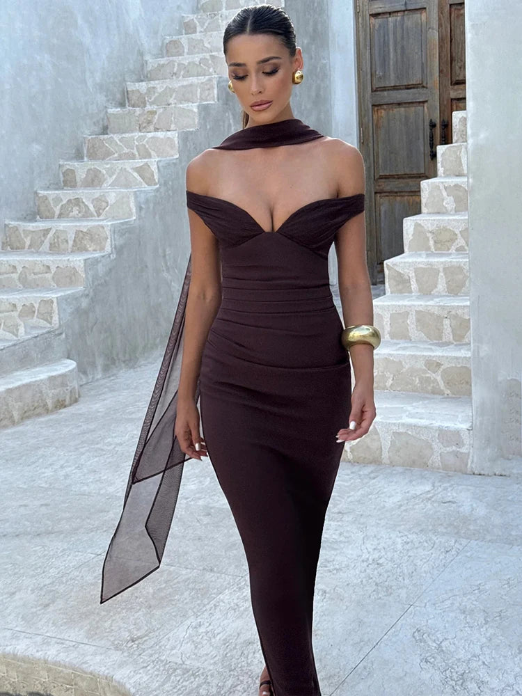 Robe Maxi Femme – Col Écharpe, Strapless, Dos Nu, Élégante et Sexy pour Soirées Club