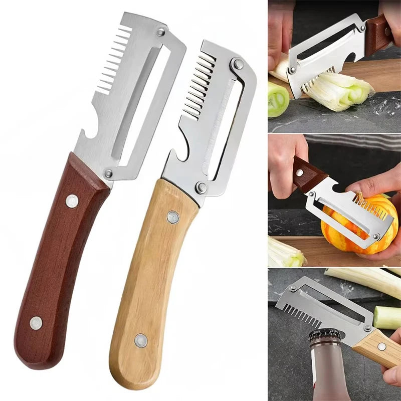 Multifunction Stainless Steel Peeler with Wooden Handle – Durable Fruit & Vegetable Peeling and Slicing Tool