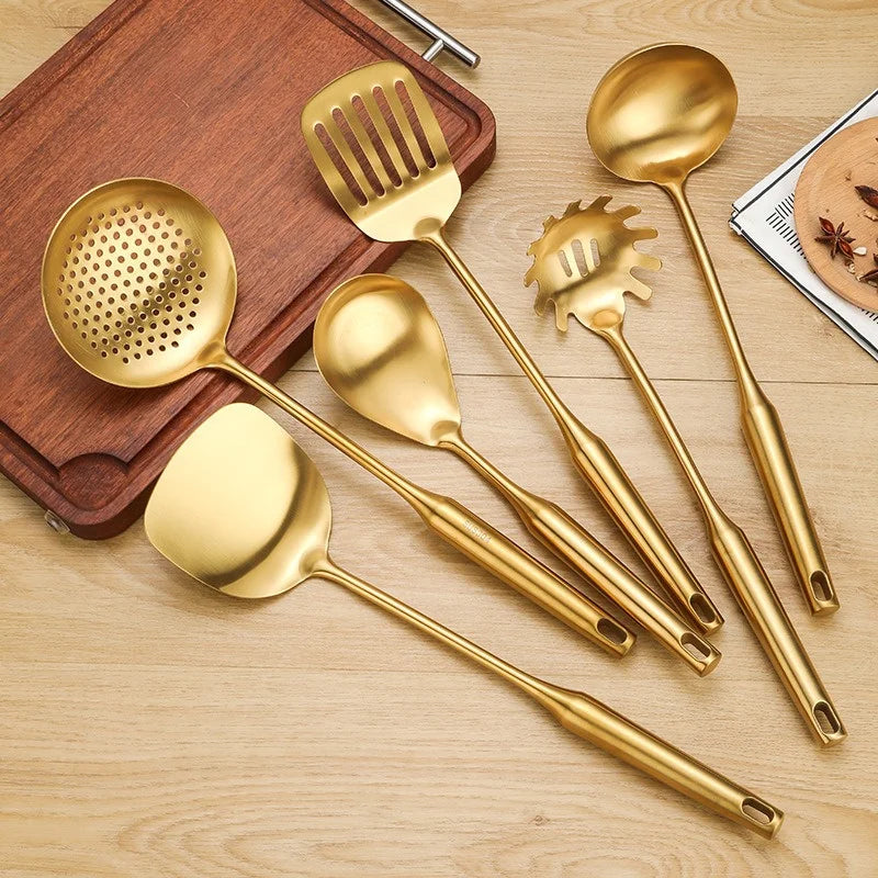 Gold Stainless Steel Soup Spoon Set (1–7 PCS) – Multifunction Noodle, Rice & Hot Pot Serving Spoon