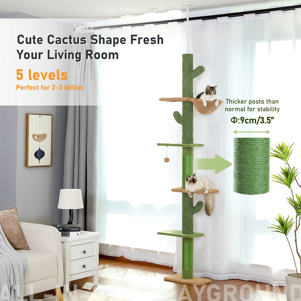 5-Tier Floor-to-Ceiling Cactus Cat Tree – Cat Tower with Hammock & Scratching Posts