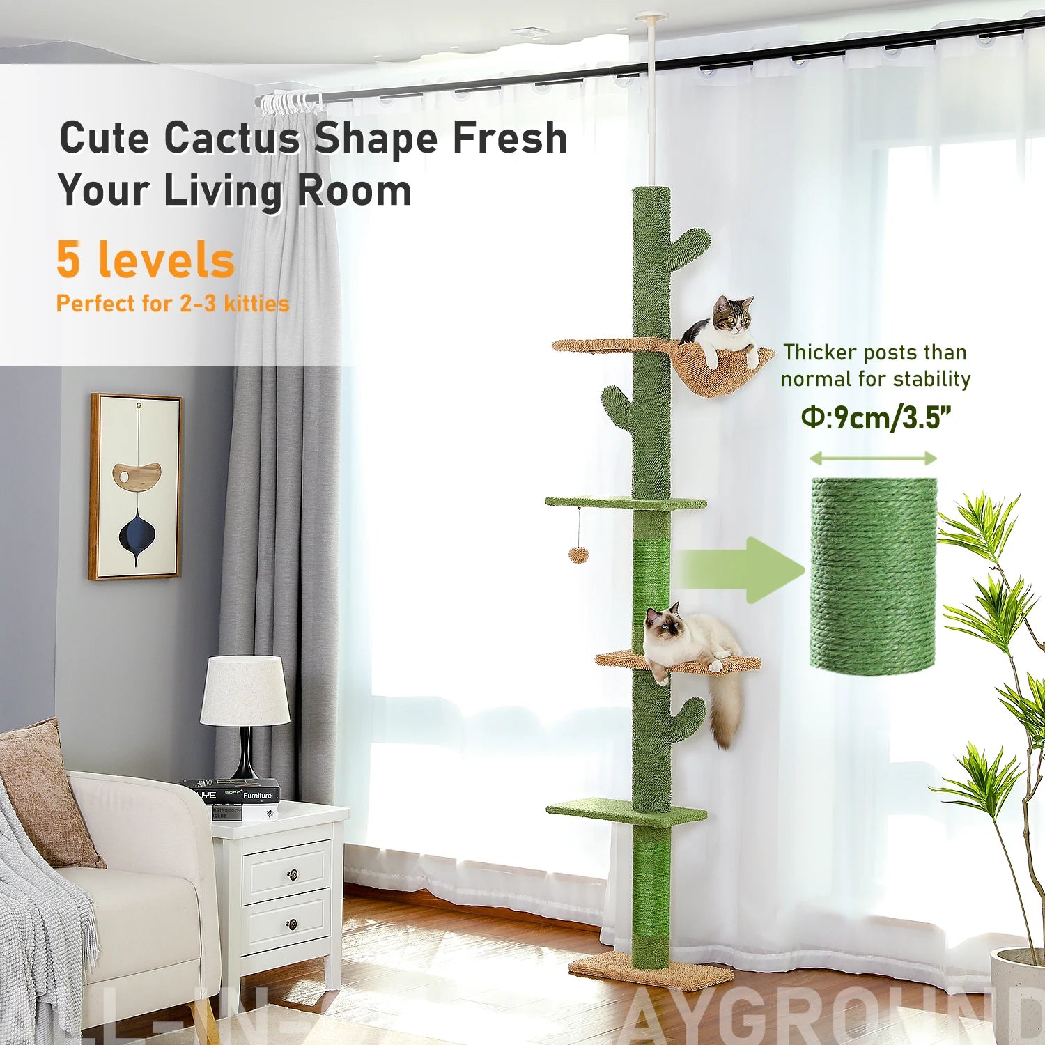 5-Tier Floor-to-Ceiling Cactus Cat Tree – Cat Tower with Hammock & Scratching Posts