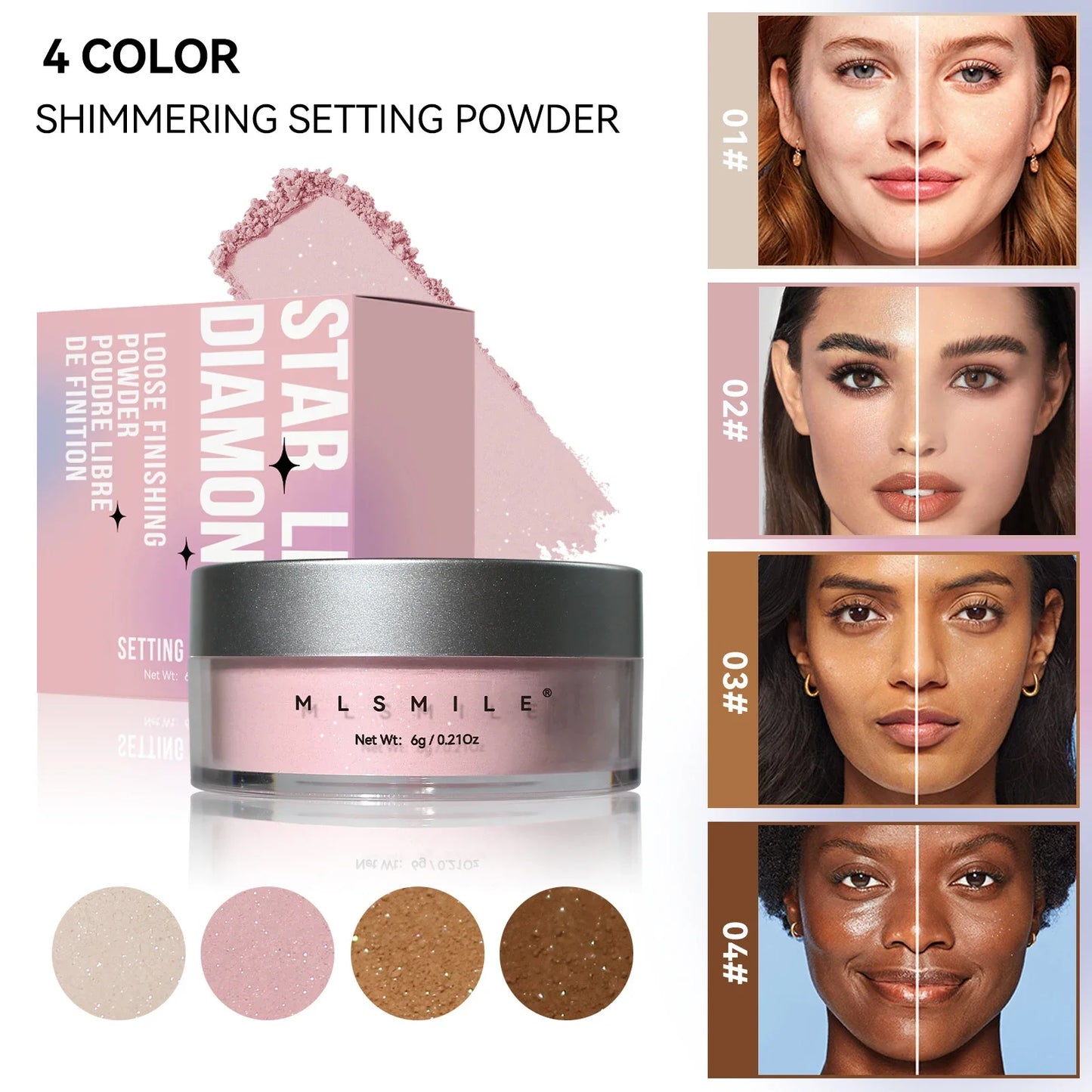 Poudre Fixante Rose Pailletée – 4 Couleurs, Longue Tenue, Contrôle du Sébum, Effet Nacré Naturel, Fini Mat ou Scintillant, Poudre Libre Maquillage Cosmétique