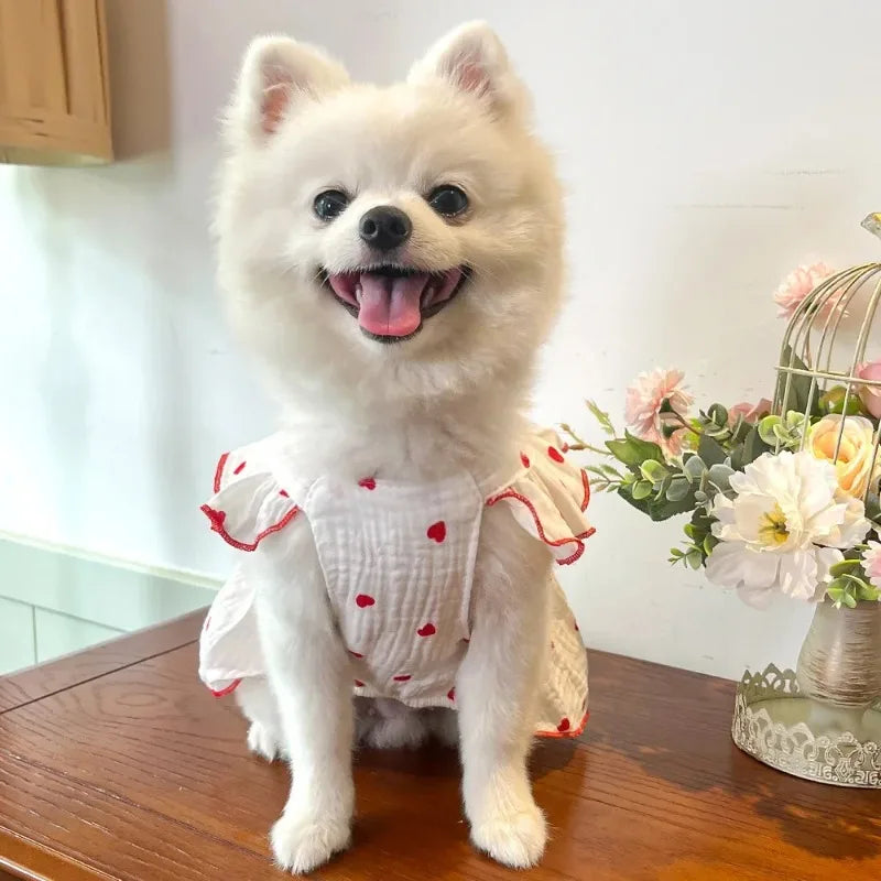 Heart Print Dog Dress with Bow – Cute Summer Princess Outfit for Small Dogs & Cats