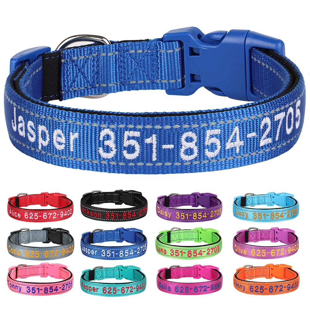 Personalized Embroidered Reflective Dog & Cat Collar – Custom Name & Phone ID