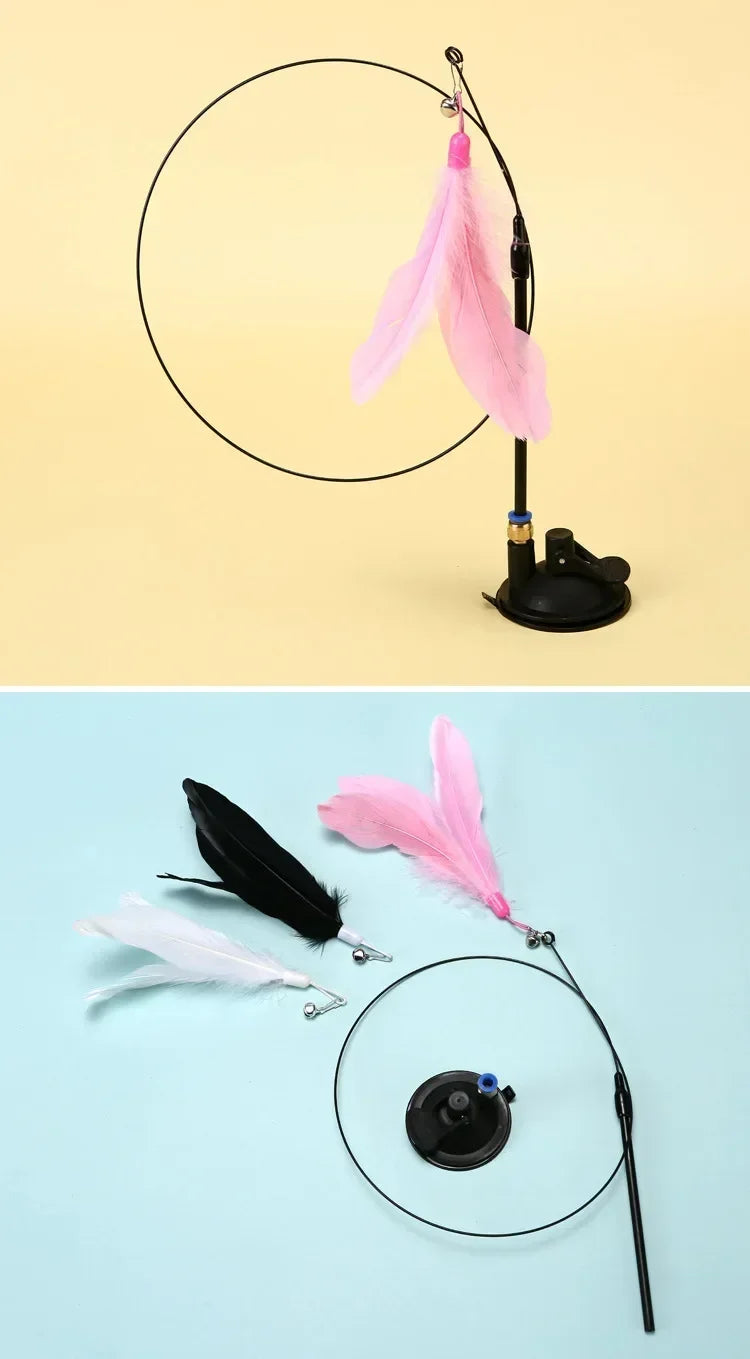 Interactive Suction Cup Feather Cat Wand Toy with Bell