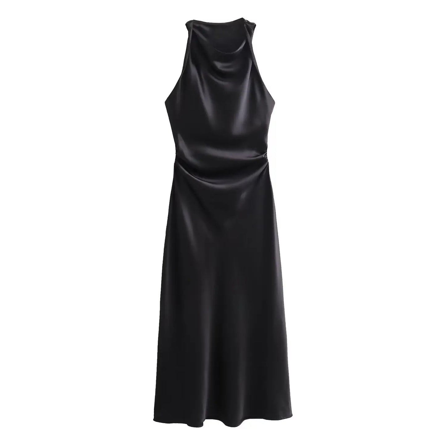 Robe Longue Femme Satin Froncée – Sans Manches, Été, Décolleté Épaule Dénudée